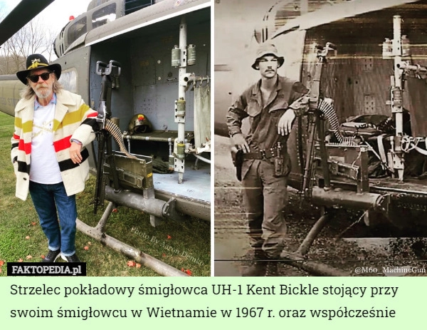 
    
			Strzelec pokładowy śmigłowca UH-1 Kent Bickle stojący przy swoim śmigłowcu					