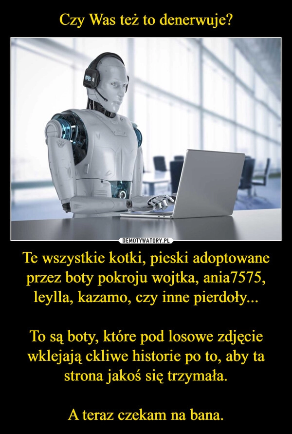 
    Czy Was też to denerwuje? Te wszystkie kotki, pieski adoptowane przez boty pokroju wojtka, ania7575, leylla, kazamo, czy inne pierdoły...

To są boty, które pod losowe zdjęcie wklejają ckliwe historie po to, aby ta strona jakoś się trzymała.

A teraz czekam na bana.