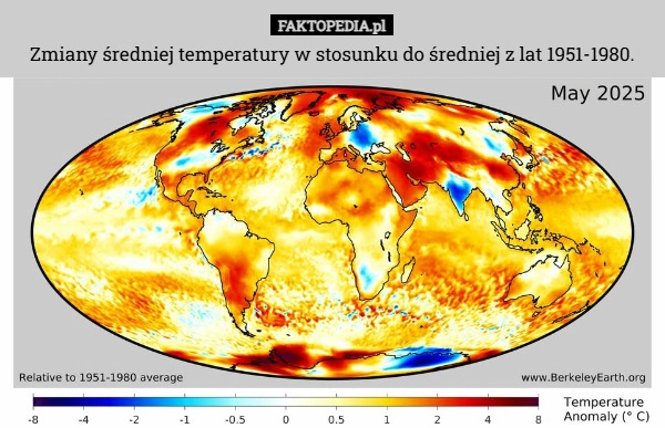
    Zmiany średniej temperatury w stosunku do średniej z lat 1951-1980.