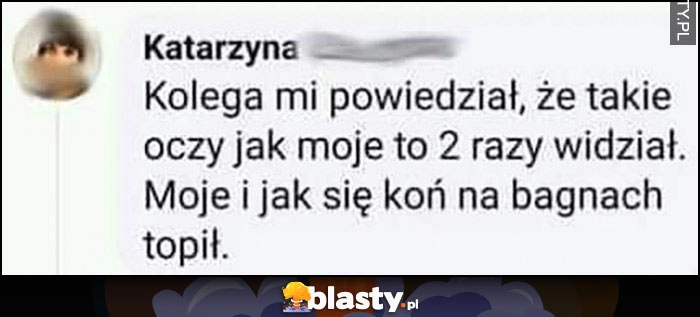 
    Kolega mi powiedział, że takie oczy jak moje to 2 razy widział: moje i jak się koń na bagnach topił