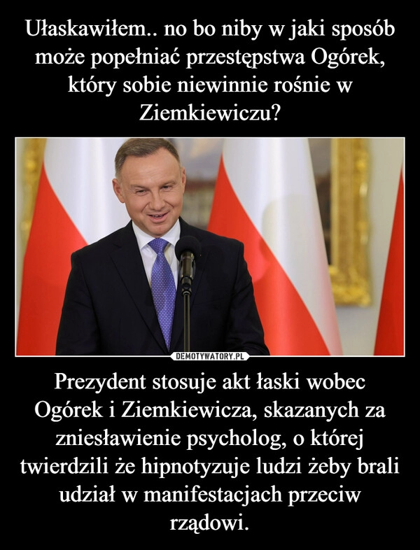 
    Ułaskawiłem.. no bo niby w jaki sposób może popełniać przestępstwa Ogórek, który sobie niewinnie rośnie w Ziemkiewiczu? Prezydent stosuje akt łaski wobec Ogórek i Ziemkiewicza, skazanych za zniesławienie psycholog, o której twierdzili że hipnotyzuje ludzi żeby brali udział w manifestacjach przeciw rządowi.