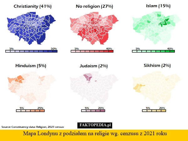 
    Mapa Londynu z podziałem na religii wg. cenzusu z 2021 roku