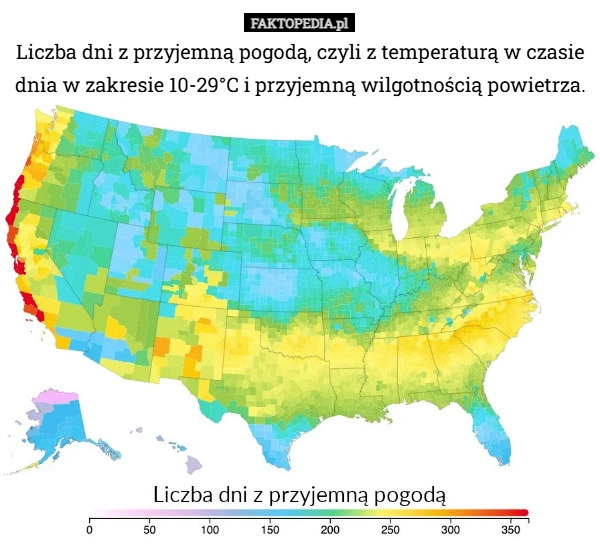 
    Liczba dni z przyjemną pogodą, czyli z temperaturą w czasie dnia w zakresie
