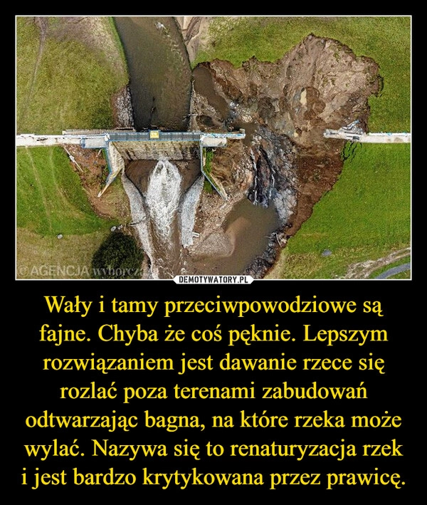 
    Wały i tamy przeciwpowodziowe są fajne. Chyba że coś pęknie. Lepszym rozwiązaniem jest dawanie rzece się rozlać poza terenami zabudowań odtwarzając bagna, na które rzeka może wylać. Nazywa się to renaturyzacja rzek i jest bardzo krytykowana przez prawicę.