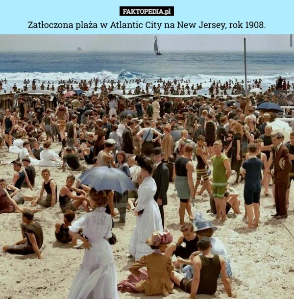 
    Zatłoczona plaża w Atlantic City na New Jersey, rok 1908.