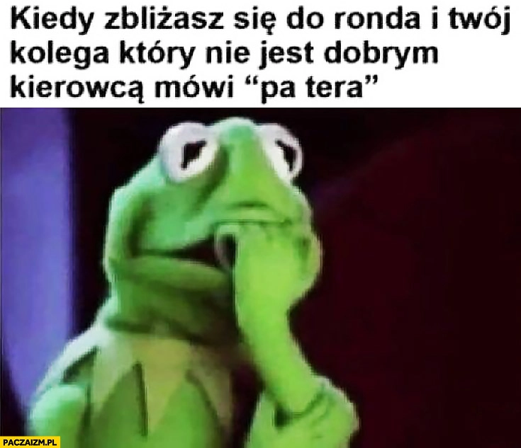 
    Kermit kiedy zbliżasz się do ronda i Twój kolega który nie jest dobrym kierowca mówi patrz teraz
