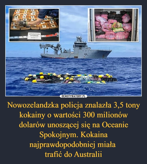 
    Nowozelandzka policja znalazła 3,5 tony kokainy o wartości 300 milionów dolarów unoszącej się na Oceanie Spokojnym. Kokaina najprawdopodobniej miała 
trafić do Australii