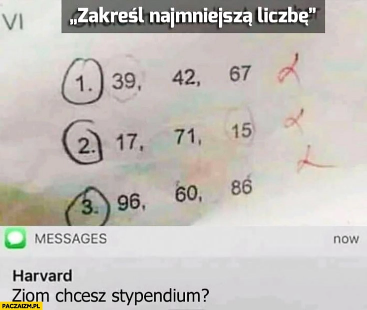 
    Zakreśl najmniejszą liczbę 1, 2, 3. Harvard: ziom, chcesz stypendium?