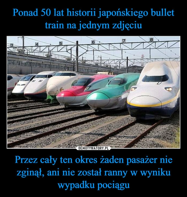 
    Ponad 50 lat historii japońskiego bullet train na jednym zdjęciu Przez cały ten okres żaden pasażer nie zginął, ani nie został ranny w wyniku wypadku pociągu