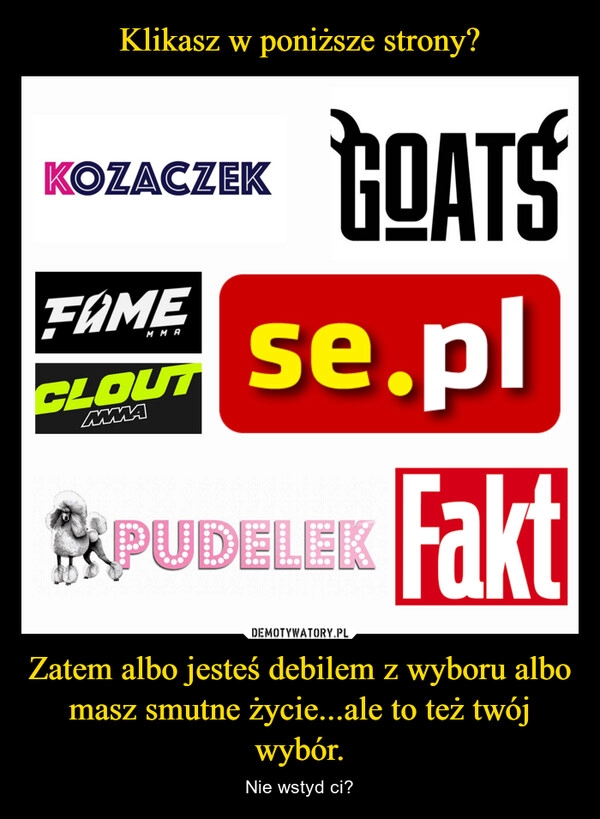 
    Klikasz w poniższe strony? Zatem albo jesteś debilem z wyboru albo masz smutne życie...ale to też twój wybór.