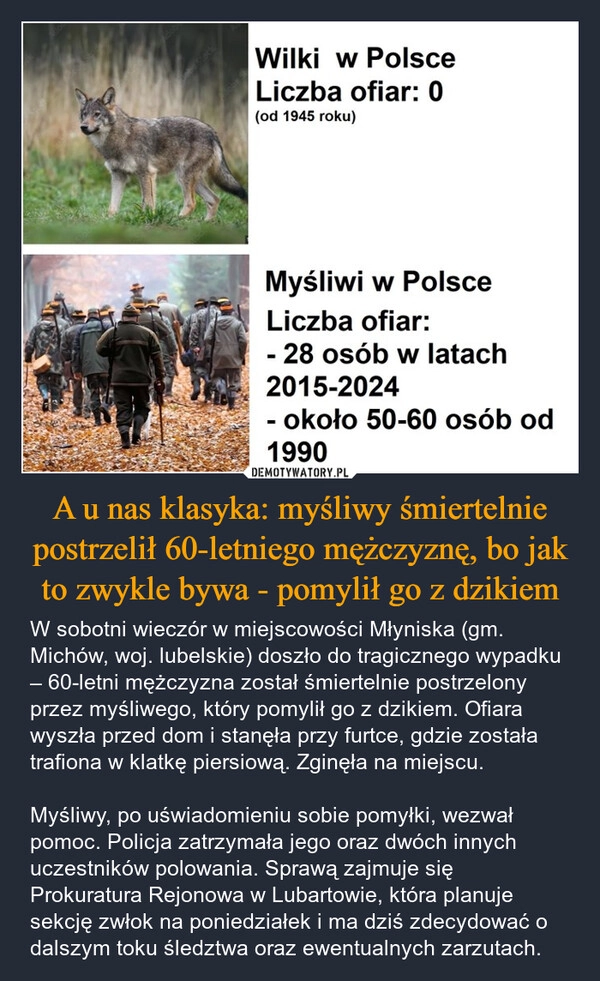 
    A u nas klasyka: myśliwy śmiertelnie postrzelił 60-letniego mężczyznę, bo jak to zwykle bywa - pomylił go z dzikiem