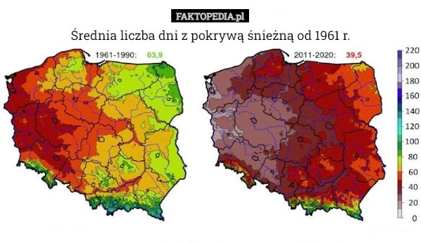 
    Średnia liczba dni z pokrywą śnieżną od 1961 r.