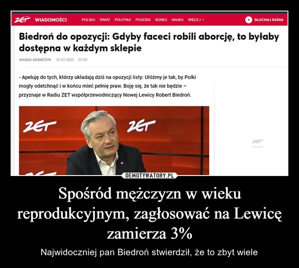 
    Spośród mężczyzn w wieku reprodukcyjnym, zagłosować na Lewicę zamierza 3%