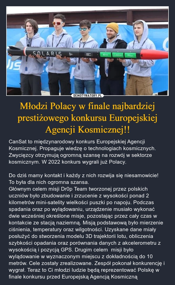 
    Młodzi Polacy w finale najbardziej prestiżowego konkursu Europejskiej Agencji Kosmicznej!!