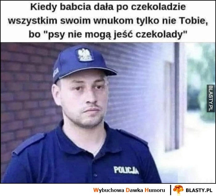 
    Policjant kiedy babcia dała po czekoladzie wszystkim swoim wnukom tylko nie Tobie, bo psy nie mogą jeść czekolady