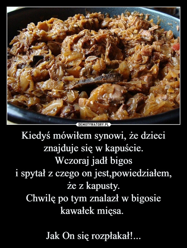 
    Kiedyś mówiłem synowi, że dzieci znajduje się w kapuście.
Wczoraj jadł bigos
i spytał z czego on jest,powiedziałem,
że z kapusty.
Chwilę po tym znalazł w bigosie kawałek mięsa. 

Jak On się rozpłakał!...