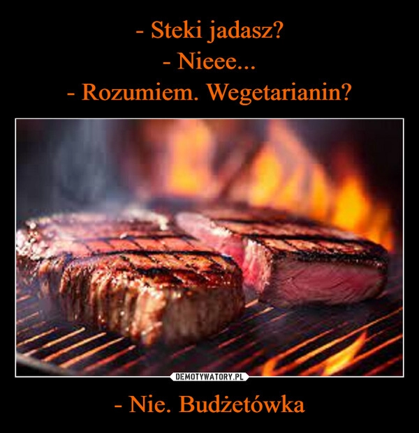 
    - Steki jadasz?
- Nieee...
- Rozumiem. Wegetarianin? - Nie. Budżetówka