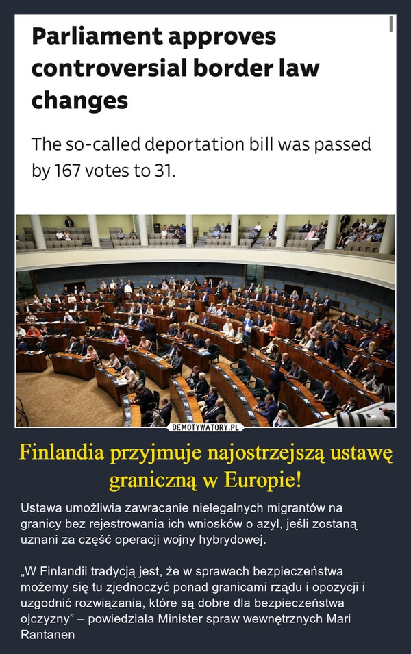 
    Finlandia przyjmuje najostrzejszą ustawę graniczną w Europie!