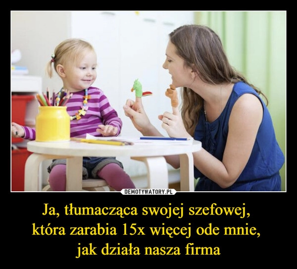 
    Ja, tłumacząca swojej szefowej, 
która zarabia 15x więcej ode mnie, 
jak działa nasza firma