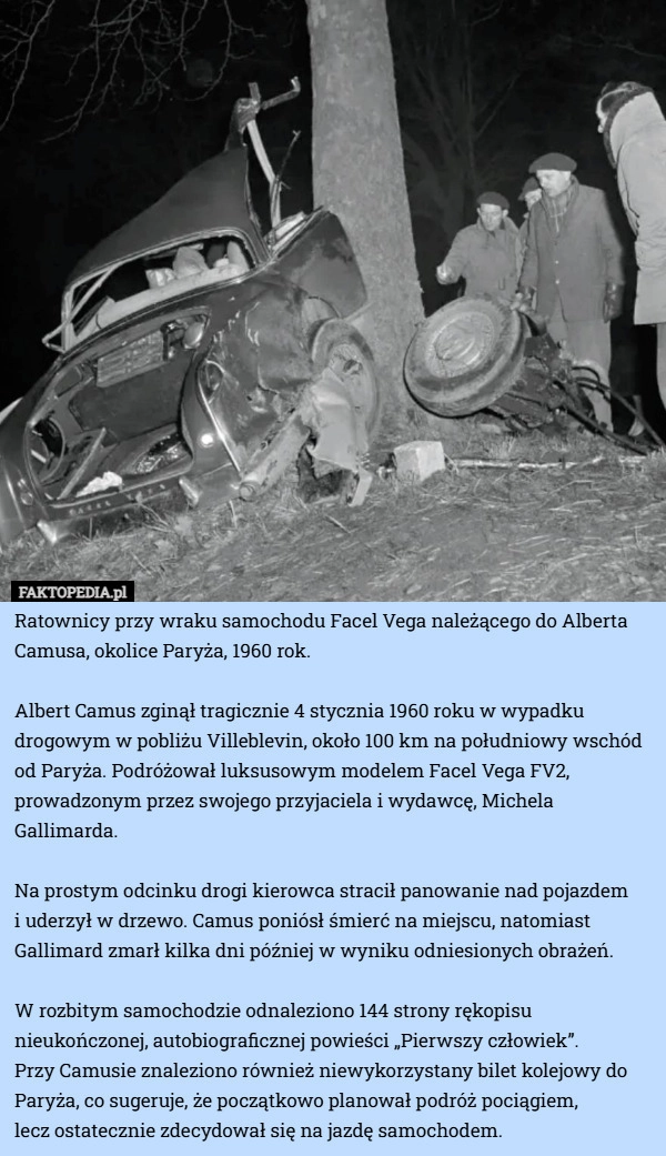 
    Ratownicy przy wraku samochodu Facel Vega należącego do Alberta Camusa...