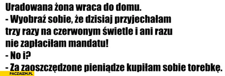 
    Przejechałam na czerwonym świetle i nie dostałam mandatu za zaoszczędzone pieniądze kupiłam torebkę