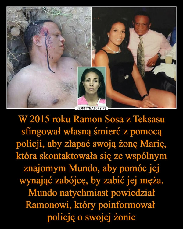 
    
W 2015 roku Ramon Sosa z Teksasu sfingował własną śmierć z pomocą policji, aby złapać swoją żonę Marię, która skontaktowała się ze wspólnym znajomym Mundo, aby pomóc jej wynająć zabójcę, by zabić jej męża. Mundo natychmiast powiedział Ramonowi, który poinformował
policję o swojej żonie 